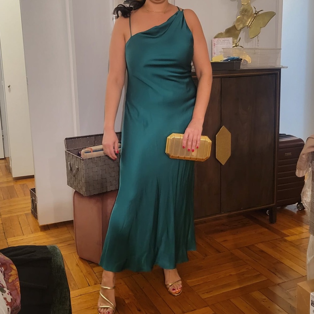 Emerald Green Satin Effect One-Shoulder Slip Dress